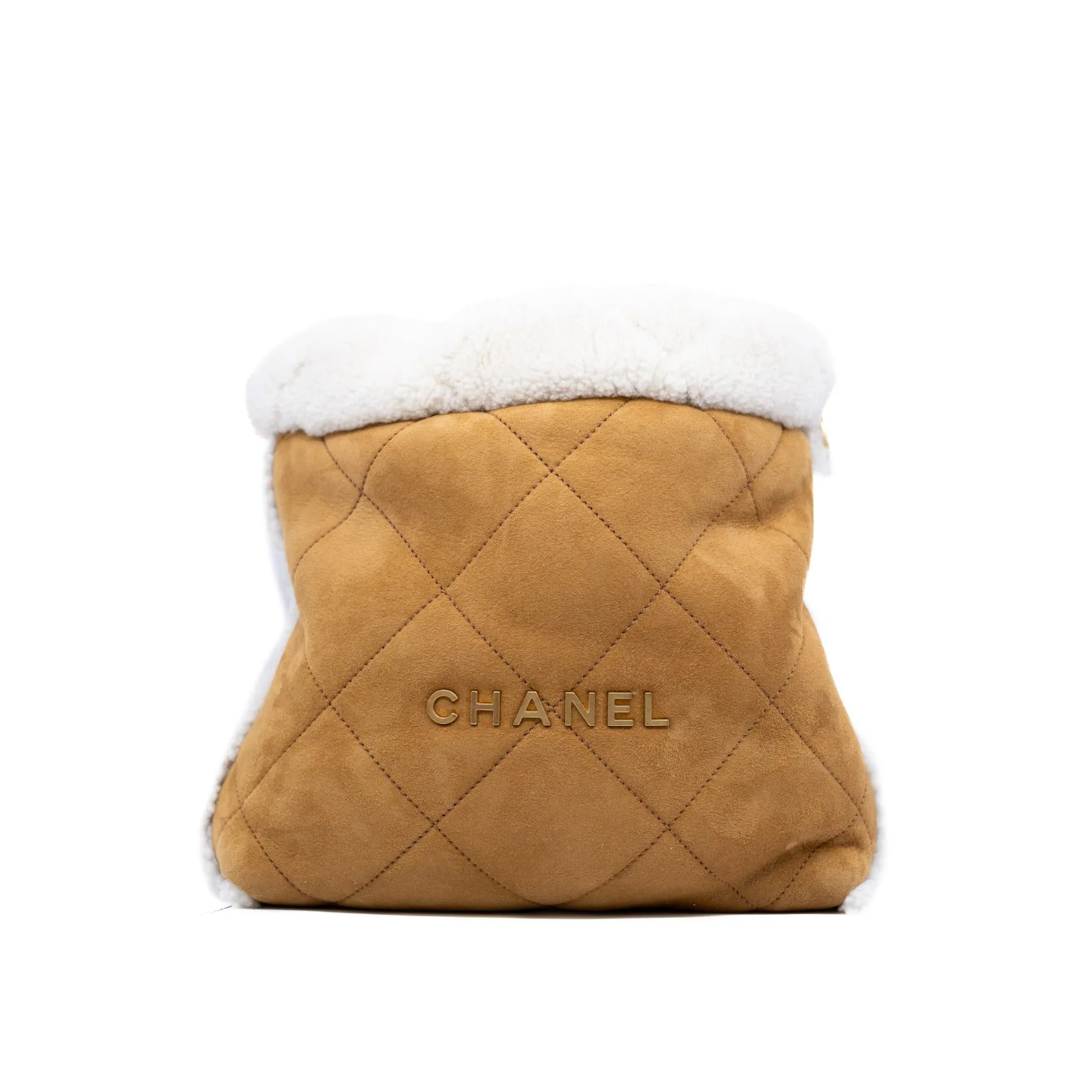 22 Beige/White Quilted Lambskin Suede/Shearling Tote Bag GHW