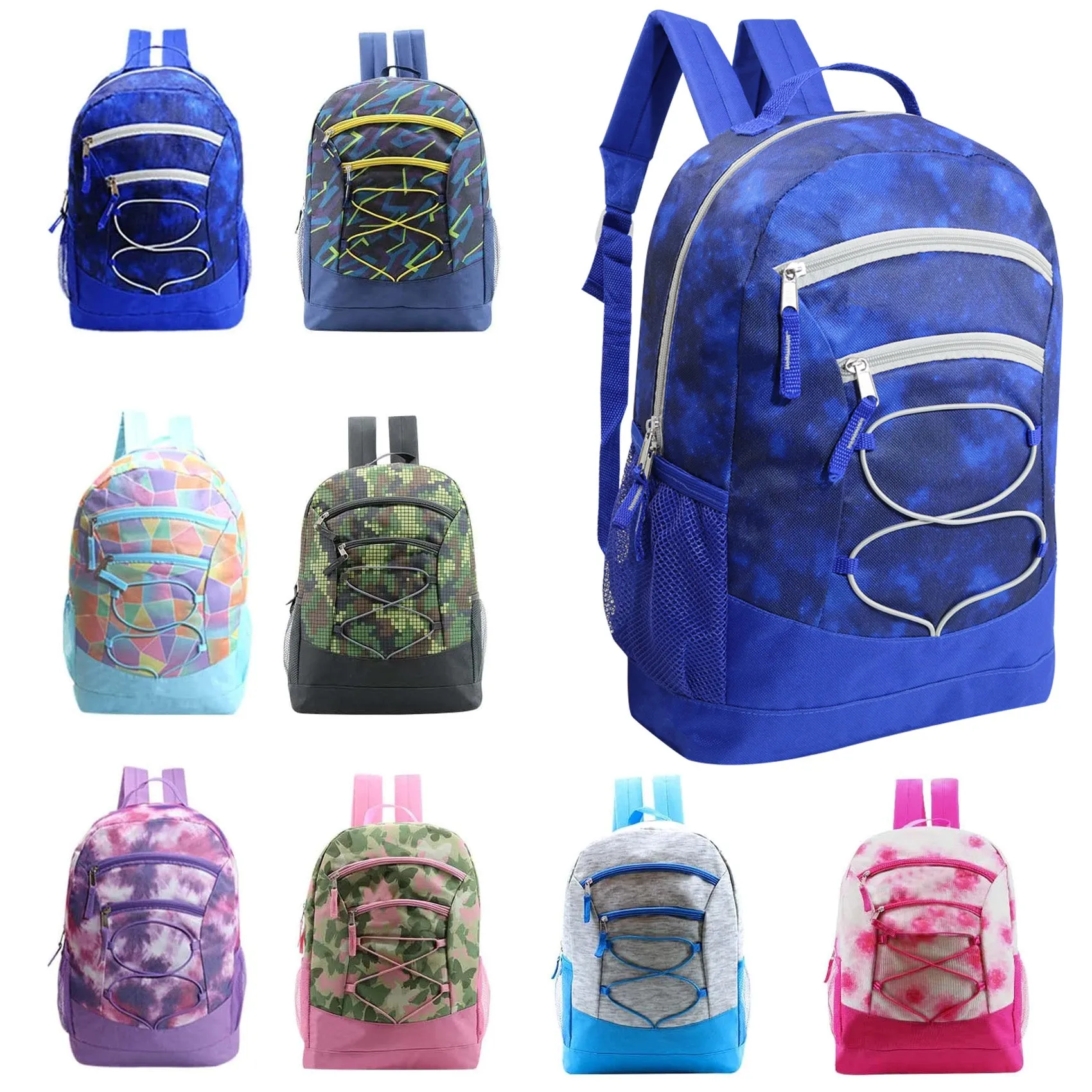 24 pack 17" Bungee Deluxe Wholesale Backpack in Assorted Colors - Bulk Case of 24