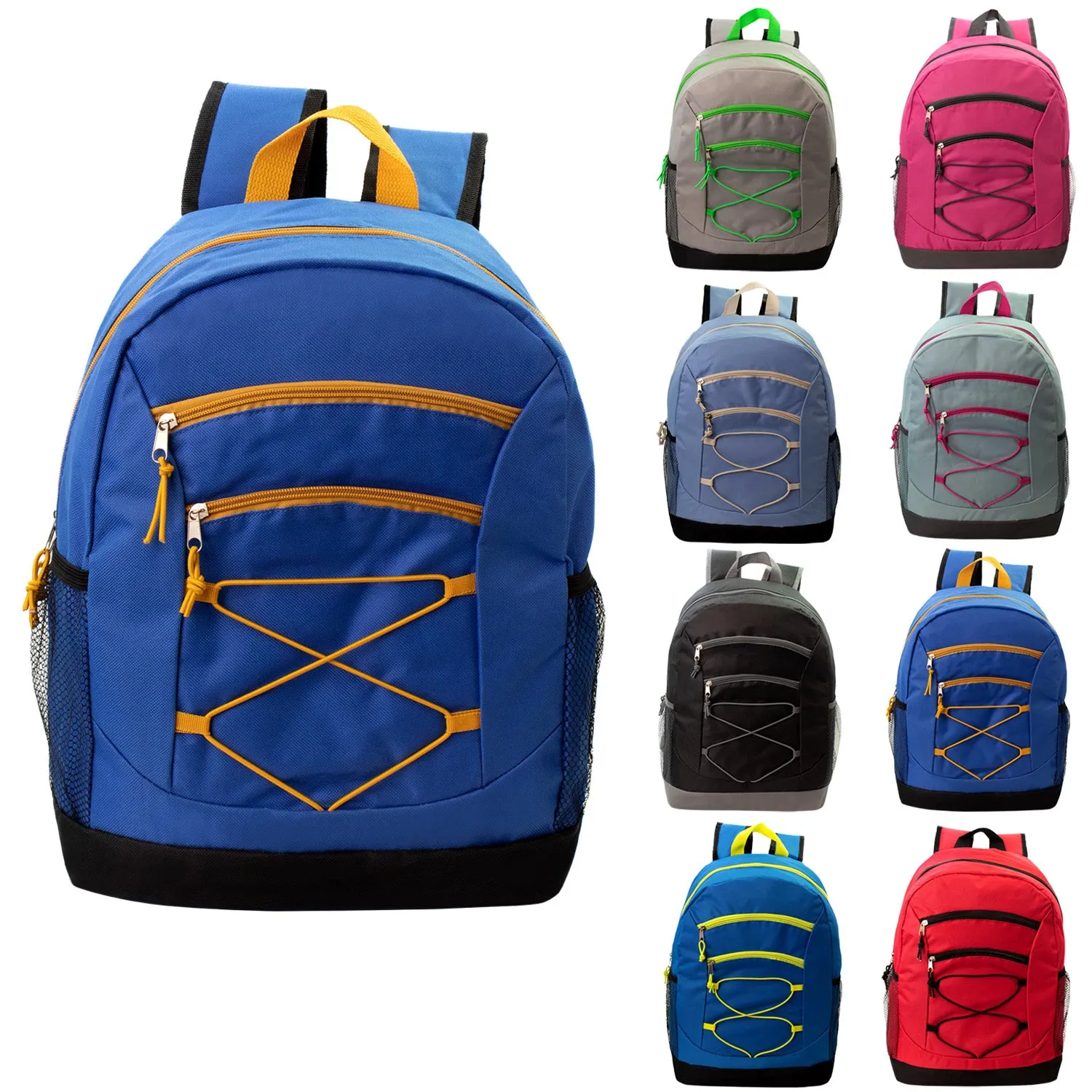 24 pack 17" Bungee Deluxe Wholesale Backpack in Assorted Colors - Bulk Case of 24