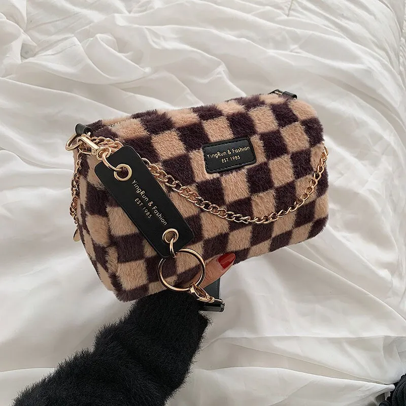 Christmas Gift Checkerboard Plush Bag 2021 New Bag Female Autumn/winter Ins Niche Messenger Bag Fashion Shoulder Bag Underarm Bag