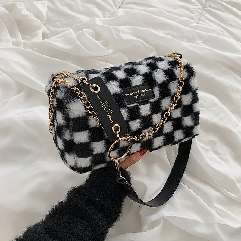 Christmas Gift Checkerboard Plush Bag 2021 New Bag Female Autumn/winter Ins Niche Messenger Bag Fashion Shoulder Bag Underarm Bag