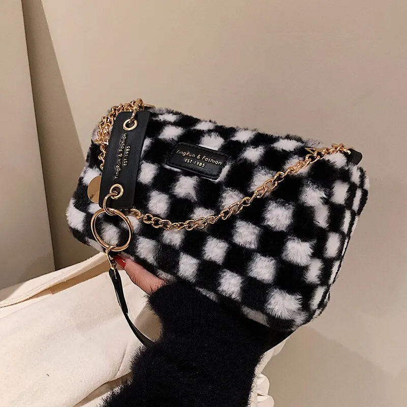 Christmas Gift Checkerboard Plush Bag 2021 New Bag Female Autumn/winter Ins Niche Messenger Bag Fashion Shoulder Bag Underarm Bag