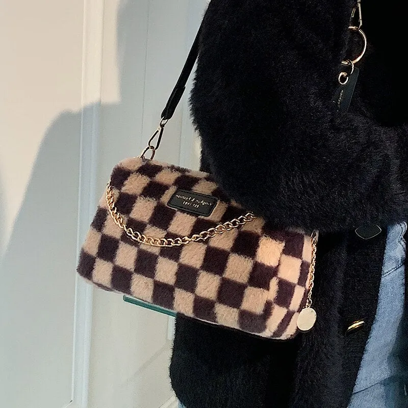 Christmas Gift Checkerboard Plush Bag 2021 New Bag Female Autumn/winter Ins Niche Messenger Bag Fashion Shoulder Bag Underarm Bag