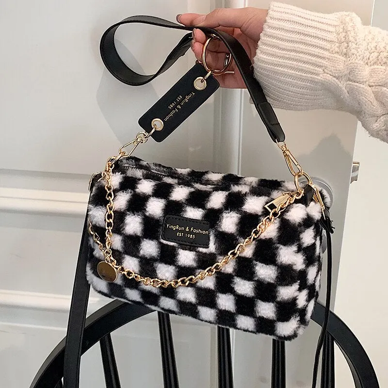 Christmas Gift Checkerboard Plush Bag 2021 New Bag Female Autumn/winter Ins Niche Messenger Bag Fashion Shoulder Bag Underarm Bag