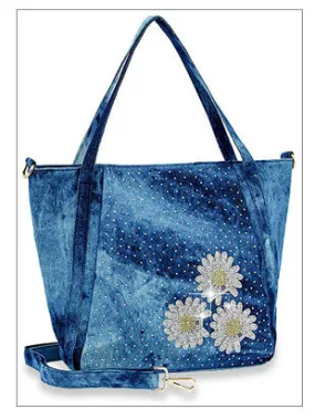 Rhinestone Daisy Denim Tote Handbag