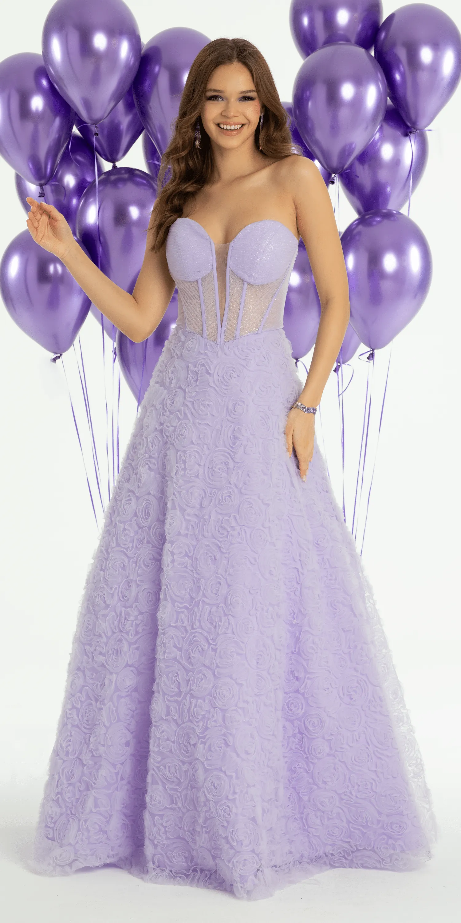 Rosette Glitter Mesh Plunging Corset Ballgown